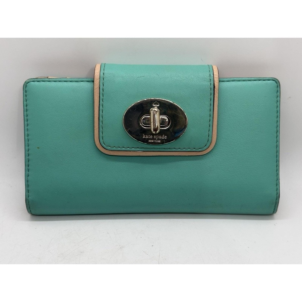 Kate Spade New York Mara Turn Lock Leather Wallet Turquoise Blue Continental